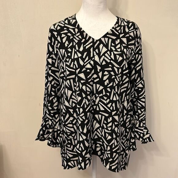 Calessa black white patterned long sleeve V neck blouse Size S New - Picture 2 of 9